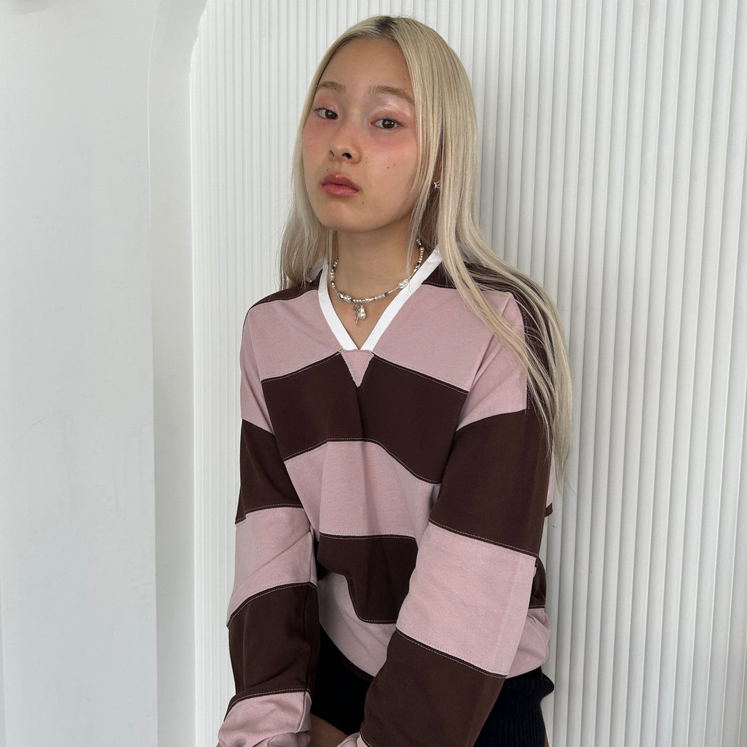 ラガーシャツ×パールネックカフを合わせたミックスコーデ♡