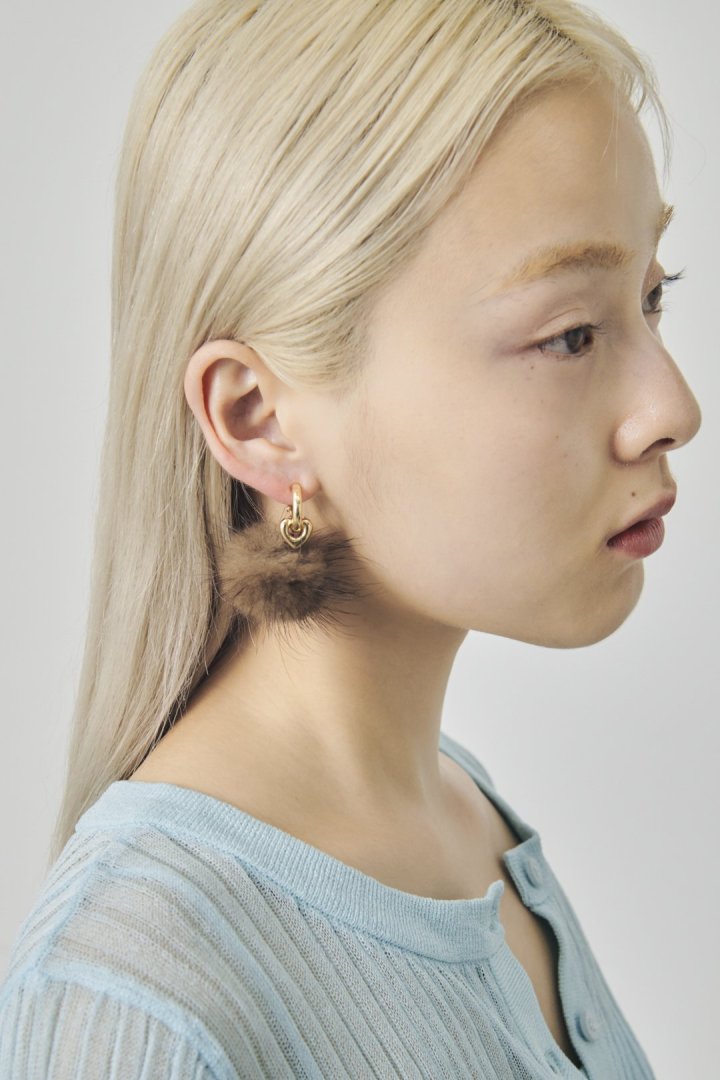 ミンク ファー ×メタル ハート イヤリング