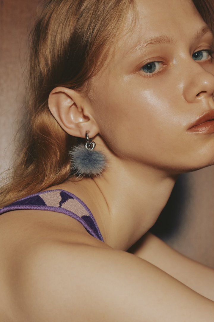 ミンク ファー ×メタル ハート イヤリング