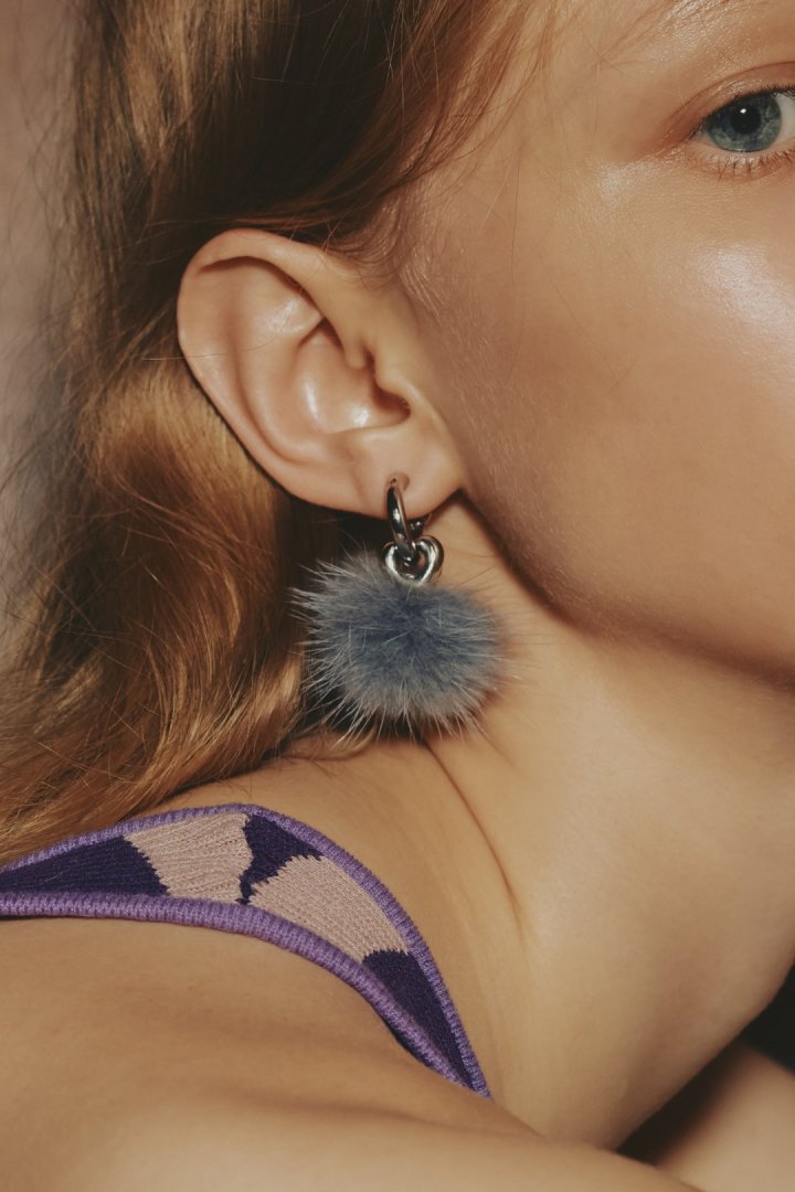 ミンク ファー ×メタル ハート イヤリング