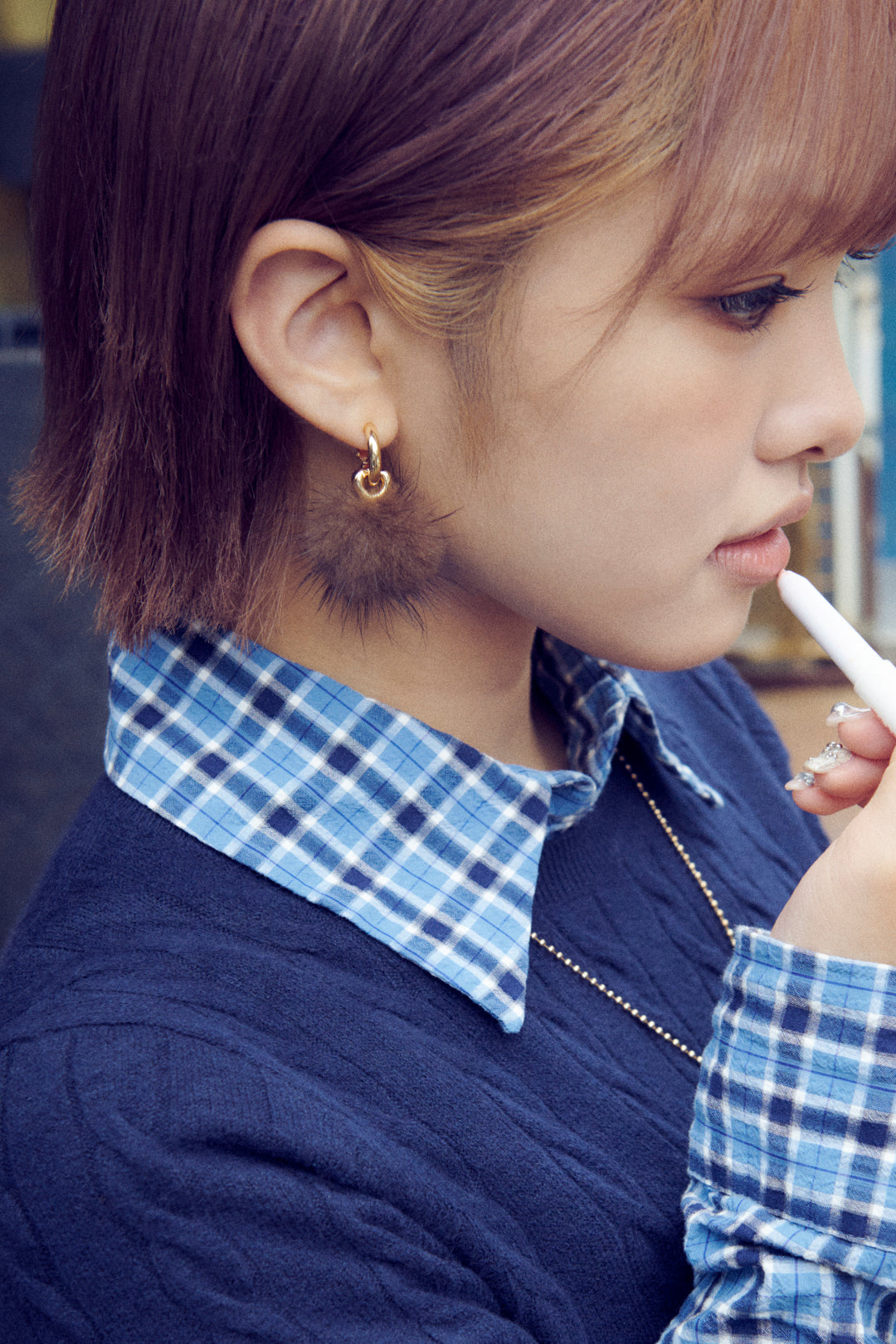 ミンク ファー ×メタル ハート イヤリング【KOREA SNAP】