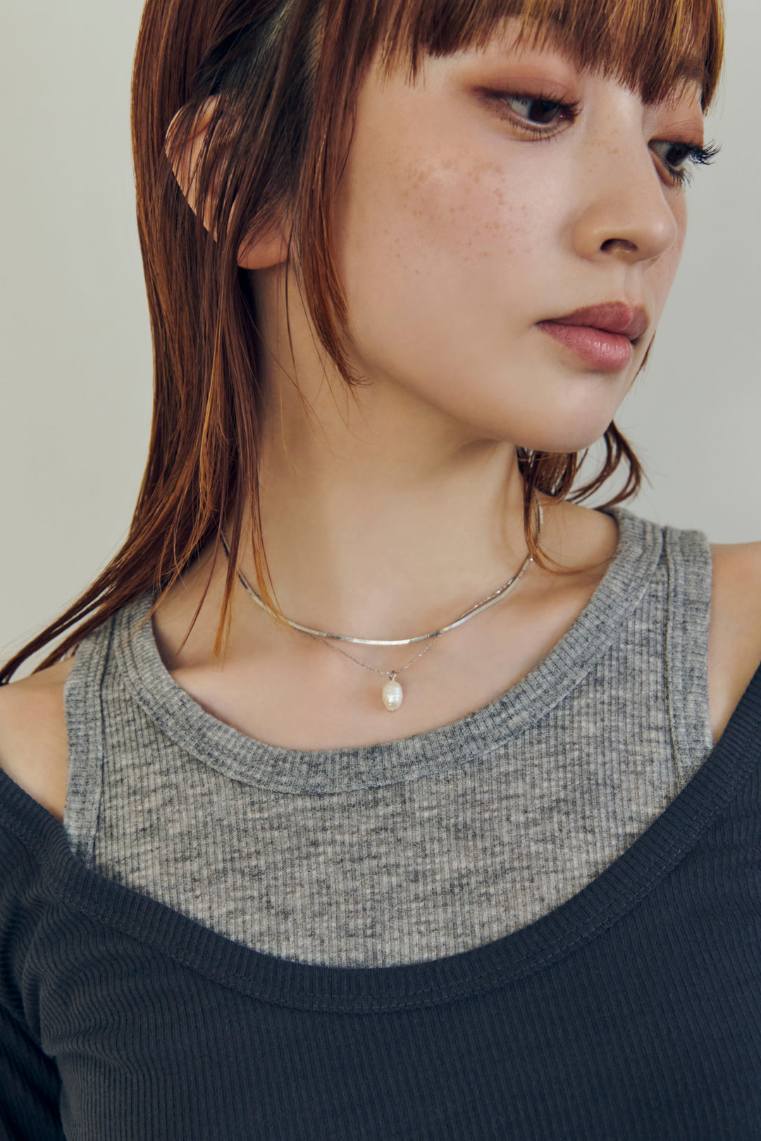 スネークチェーン & ウォーターパール レイヤード ネックレス