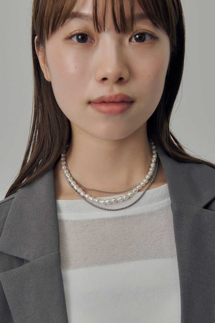 パール × チェーン マルチ レイヤード ネックレス