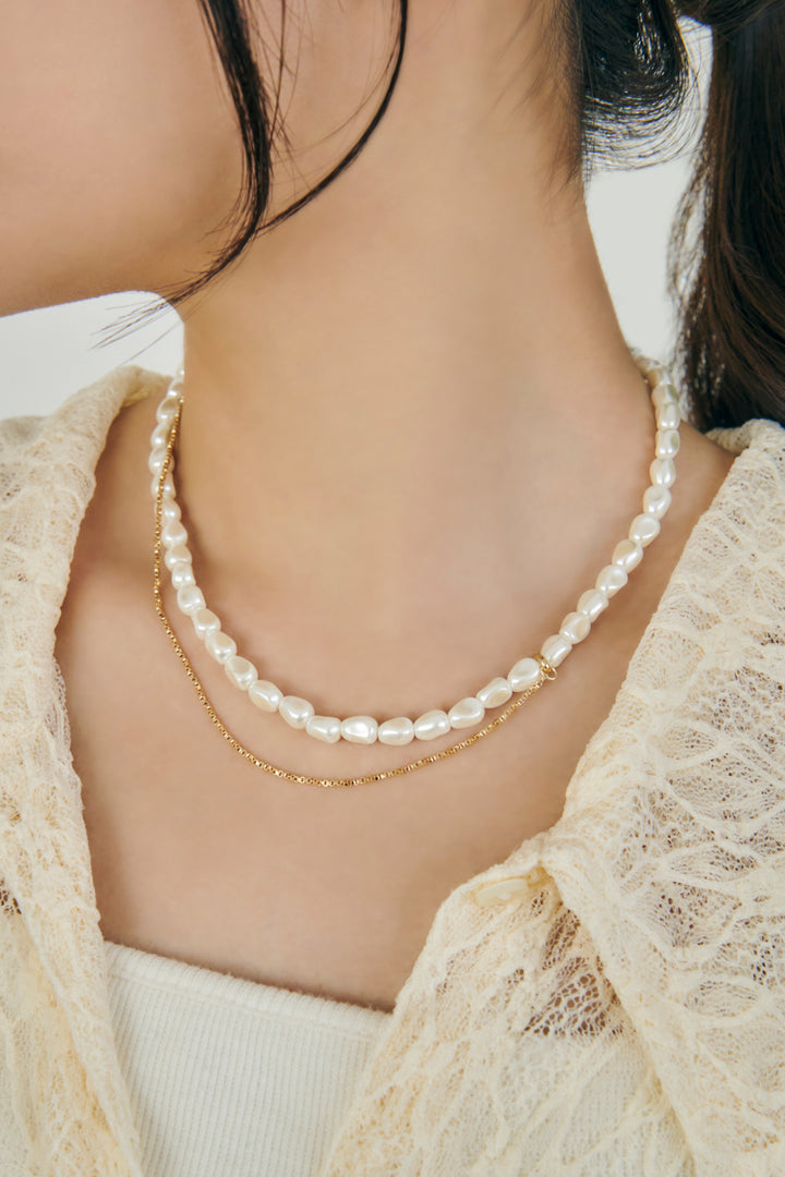 グラス パール × チェーン アシンメトリー ネックレス