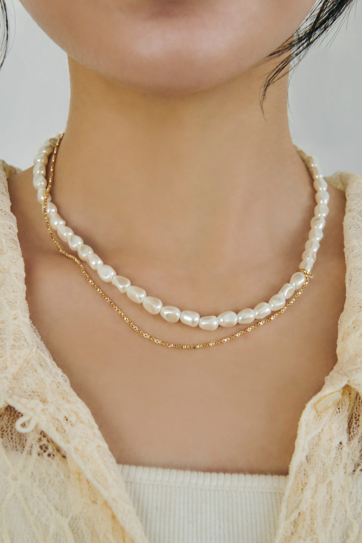 グラス パール × チェーン アシンメトリー ネックレス