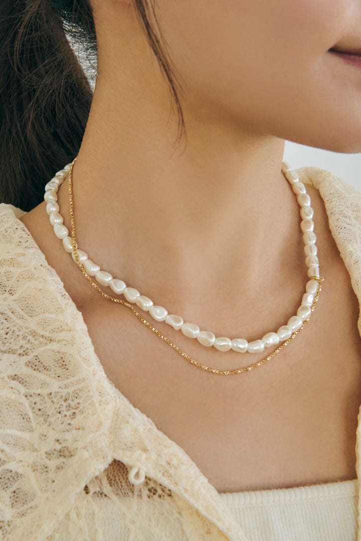 グラス パール × チェーン アシンメトリー ネックレス