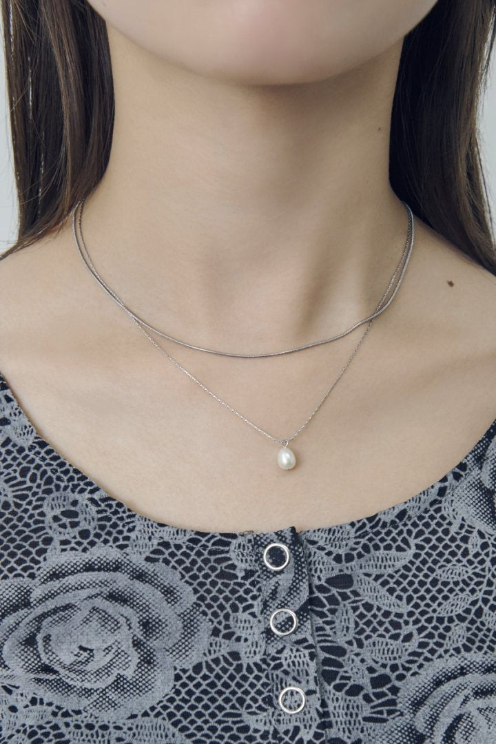 スネーク チェーン & ウォーター パール レイヤード ステンレス ネックレス