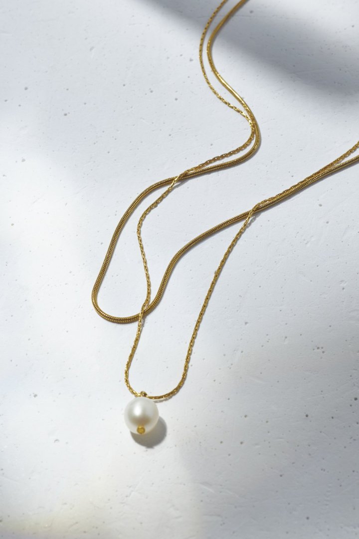 スネーク チェーン & ウォーター パール レイヤード ステンレス ネックレス