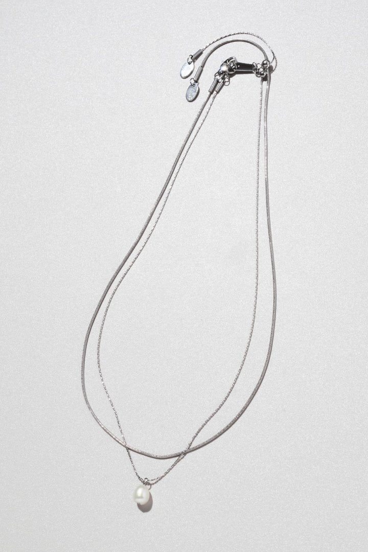 スネーク チェーン & ウォーター パール レイヤード ステンレス ネックレス