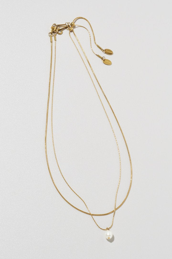 スネーク チェーン & ウォーター パール レイヤード ステンレス ネックレス