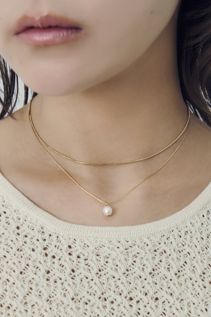 スネーク チェーン & ウォーター パール レイヤード ステンレス ネックレス