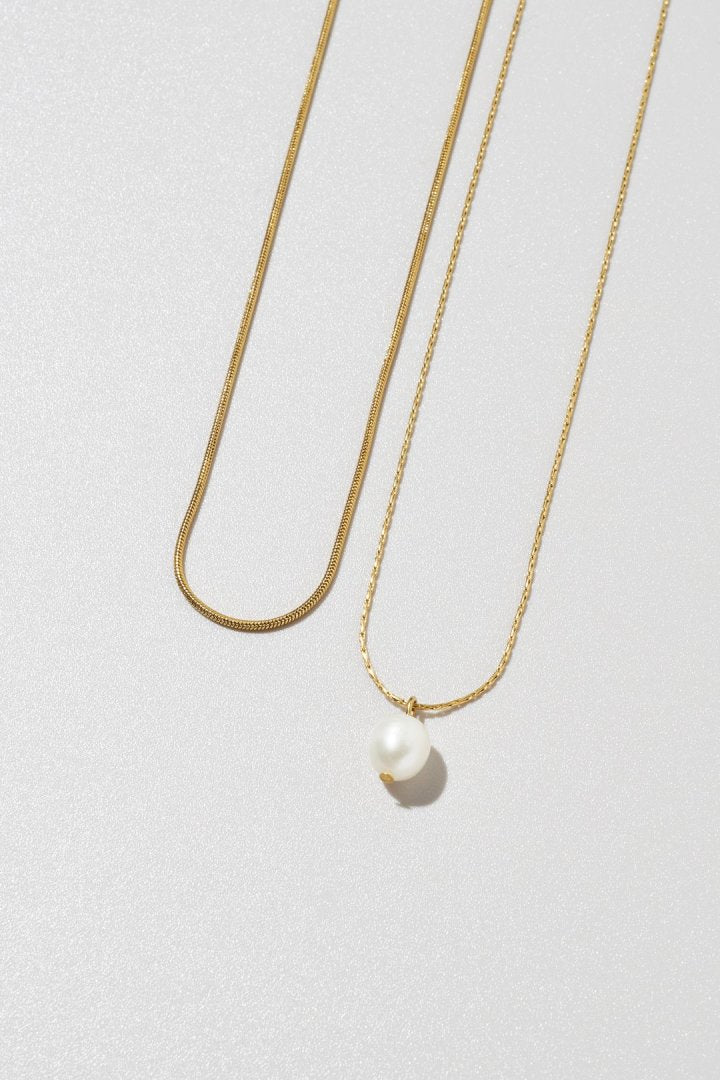 スネーク チェーン & ウォーター パール レイヤード ステンレス ネックレス