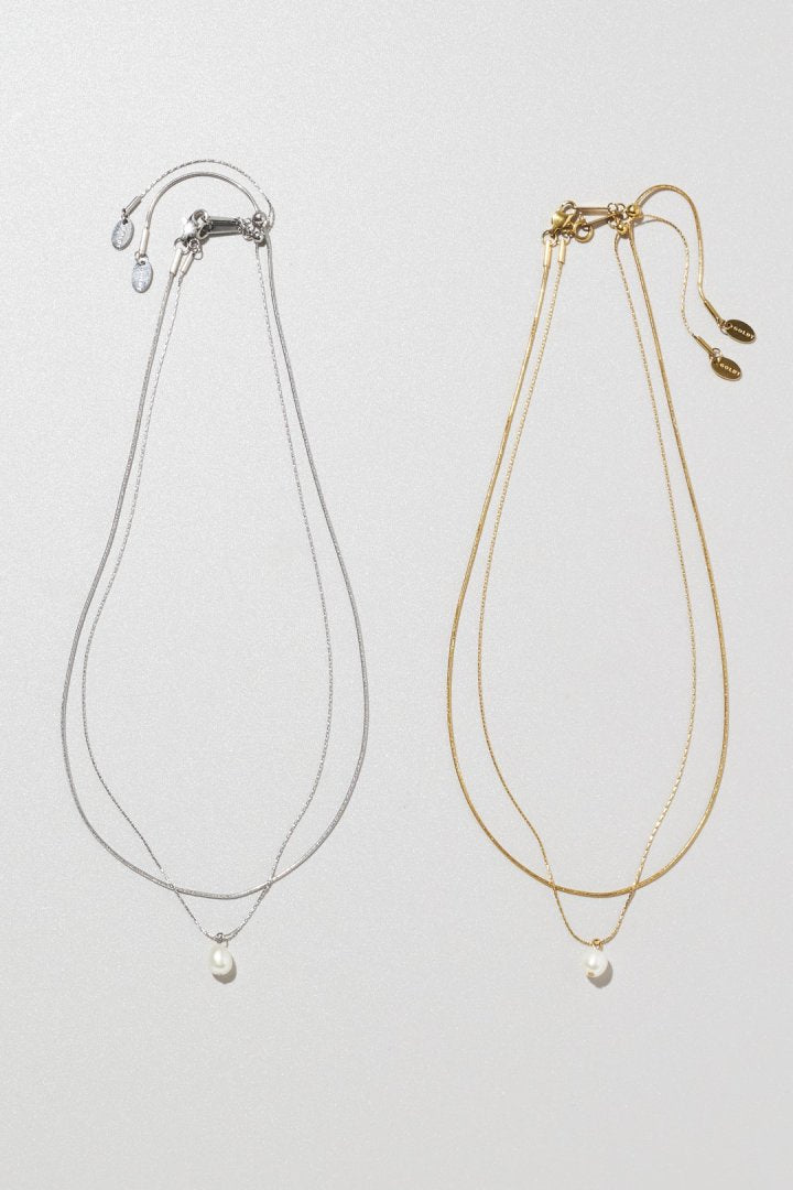 スネーク チェーン & ウォーター パール レイヤード ステンレス ネックレス