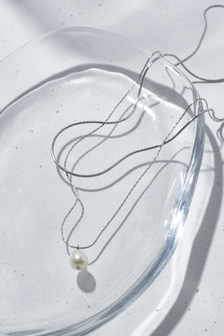 スネーク チェーン & ウォーター パール レイヤード ステンレス ネックレス