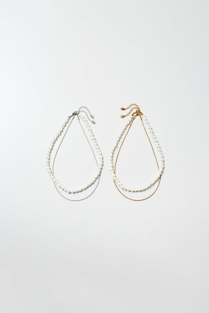 パール × チェーン レイヤード ステンレス ネックレス