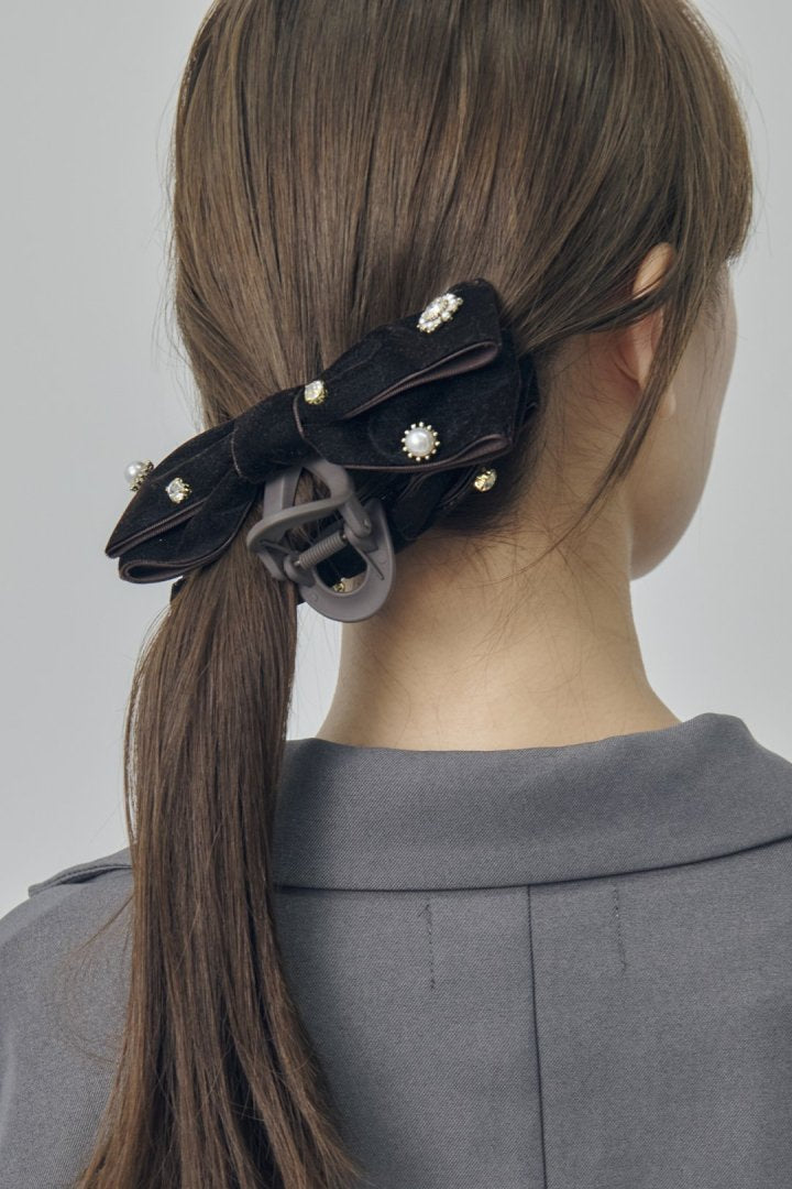 デコラティブ ベロア リボン バンス クリップ