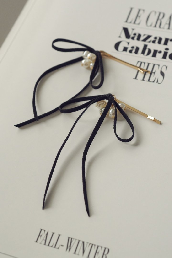 シャワー パール スエード リボン セット ヘアピン