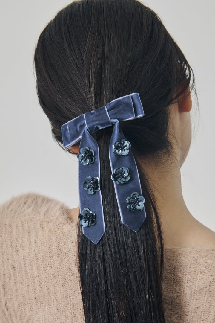 スパンコール フラワー リボン バレッタ