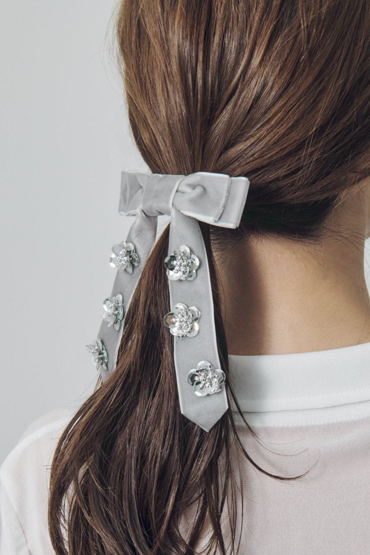 スパンコール フラワー リボン バレッタ