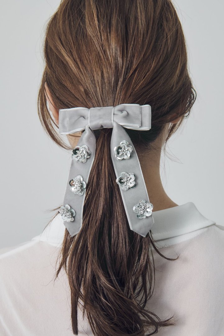 スパンコール フラワー リボン バレッタ