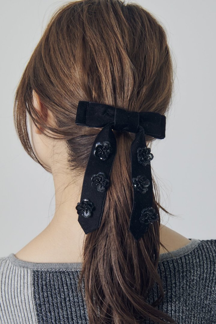 スパンコール フラワー リボン バレッタ