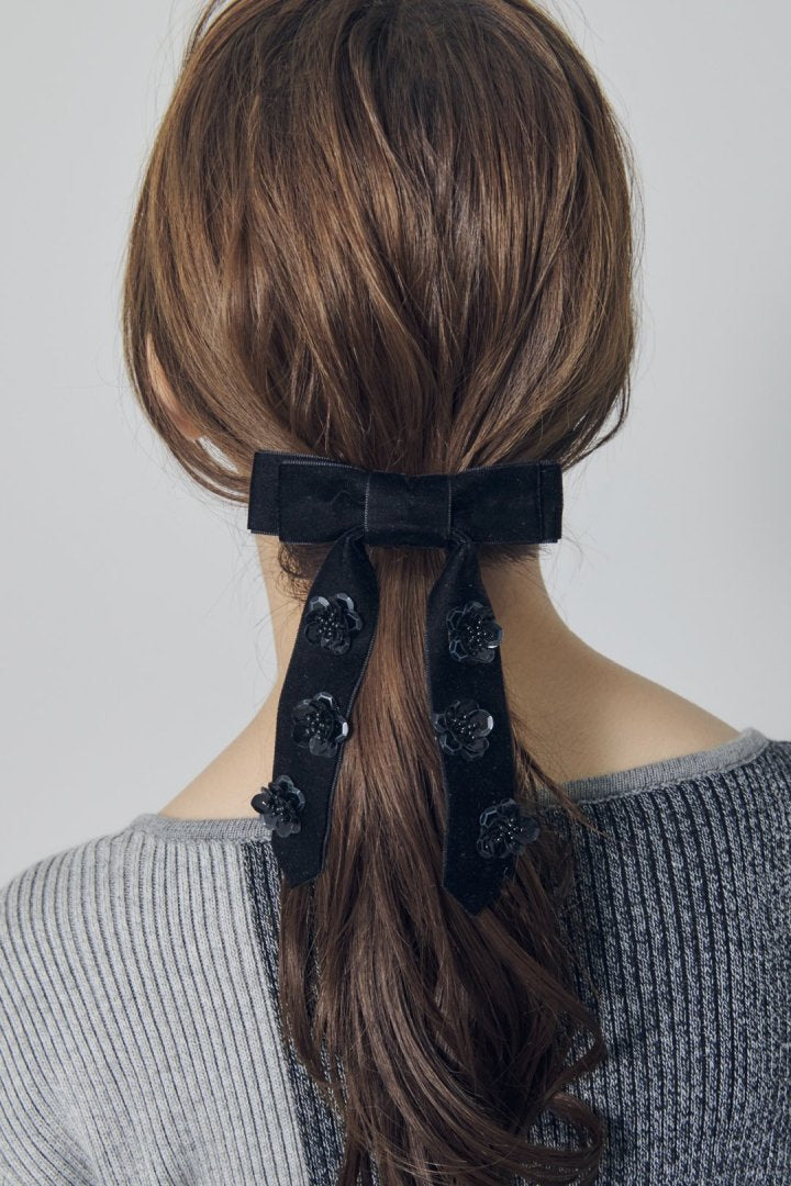 スパンコール フラワー リボン バレッタ